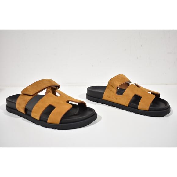 Hermes Chypre Sandal Black Naturel Gold Suede H Logo Strap Slide Slip On Flat 38 - Picture 3 of 10